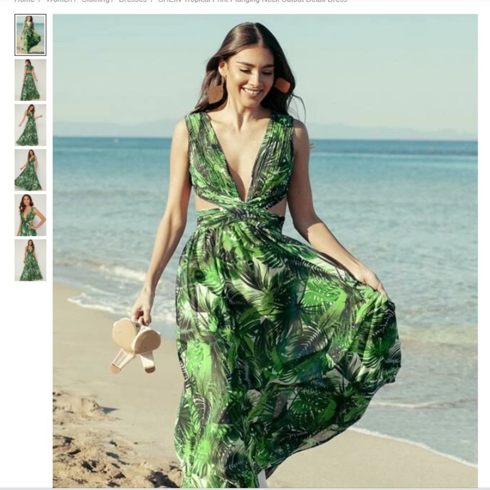 NEW SHEIN Green Tropical Print Neck Cutout Dress